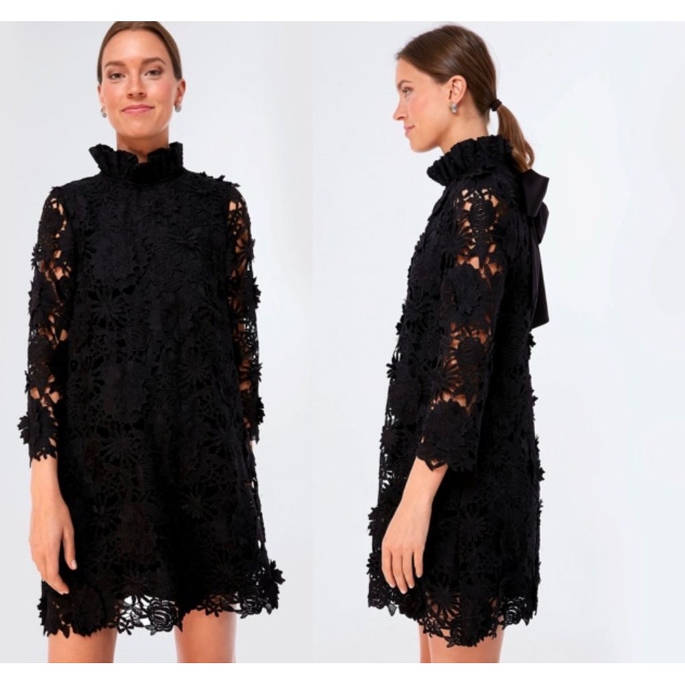 Tuckernuck Black Guipure Lace Daphne Mini Dress XXS Tie Bow Back Neck Shift NEW - Picture 2 of 9